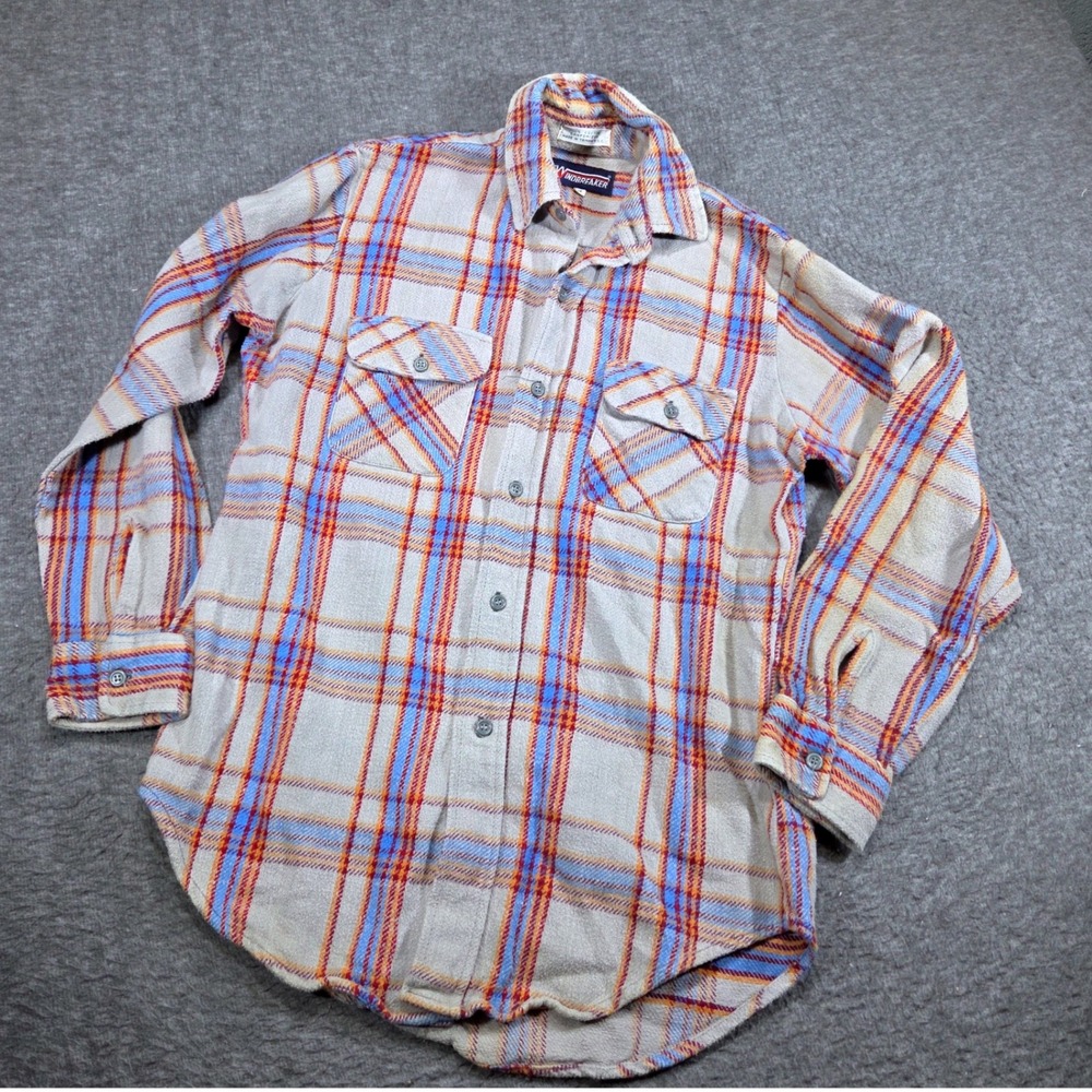Vintage Windbreaker Flannel Shirt Sanforized Mens M Tan Blue Plaid Distressed